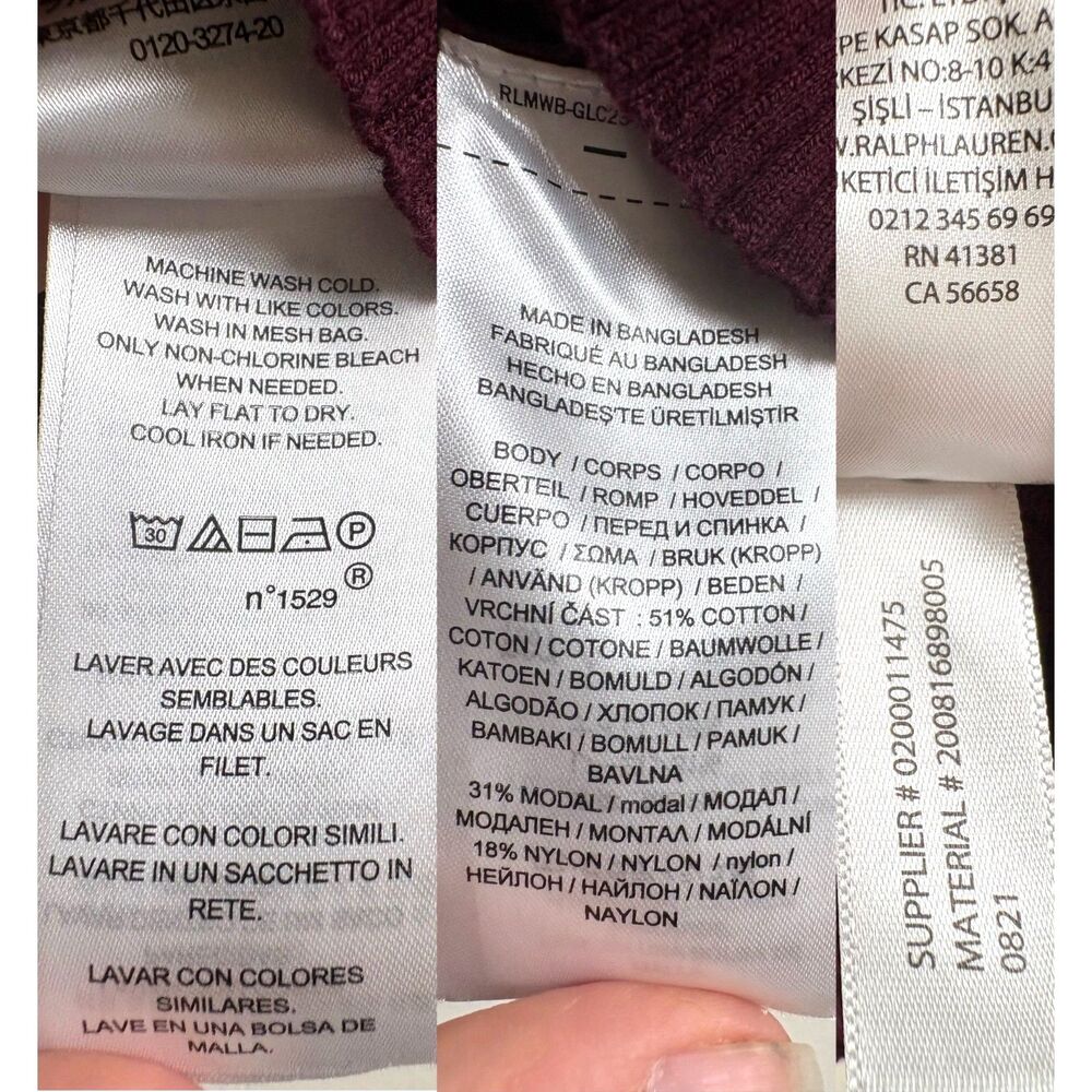 Lauren Ralph Lauren Turtleneck Sweater Burgundy Cotton Modal Nylon Ribbed Top XS - Picture 8 of 8